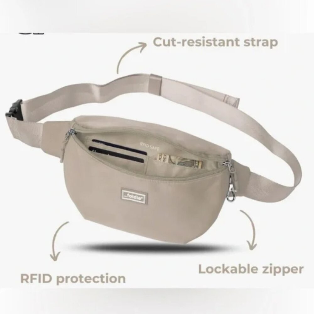 NWOT The Foldie Crossbody Travel Bag Taupe Beige RFID Safe Cut-Proof Strap - Picture 2 of 11